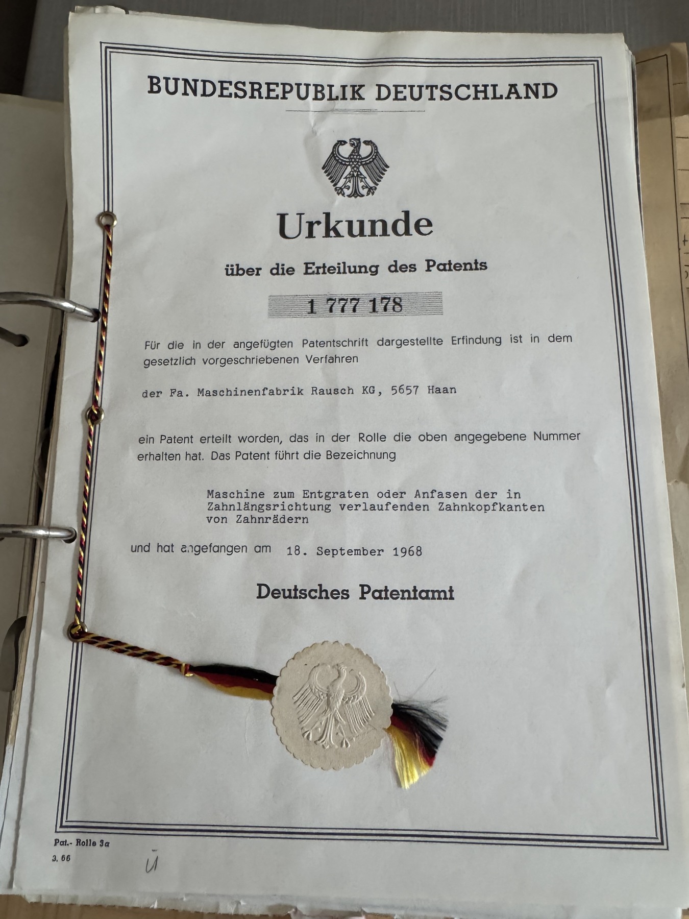 Patenturkunde · Rausch-Archiv